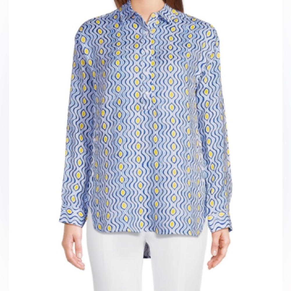 J McLaughlin Shirt Top Women L Linen Fallon Popover Tunic Geometric Preppy